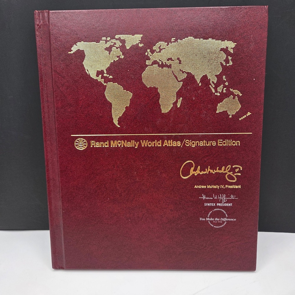 Rand McNally World Atlas Signature Edition 1985 Vintage Burgundy Gold Maps